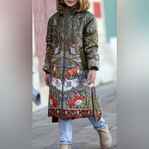 Olive Green Quilted Coat with Fox & Owl Nature Print